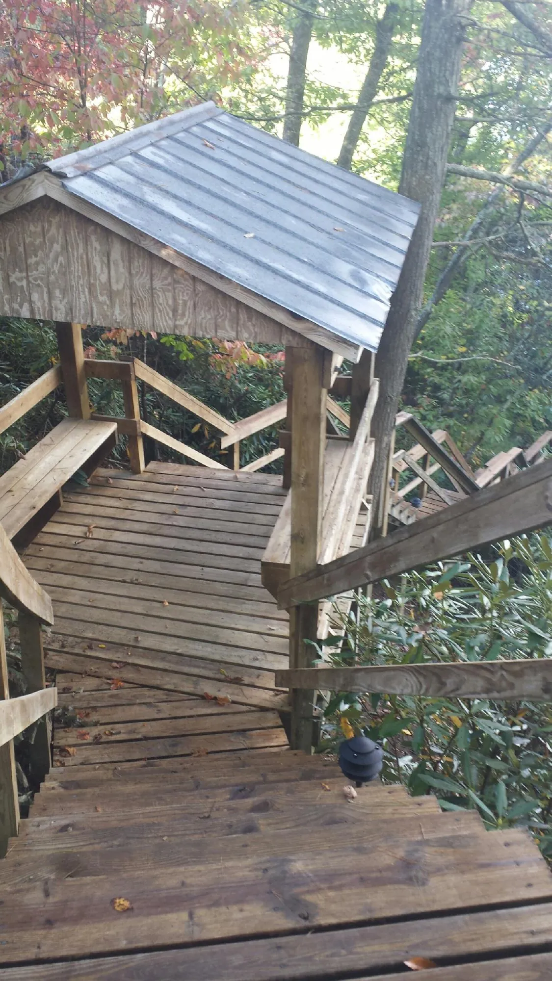 Metal roofed shelter over wooden steps on a wooded walkway — Skylight Repair & Installation work by our crew in Peterborough